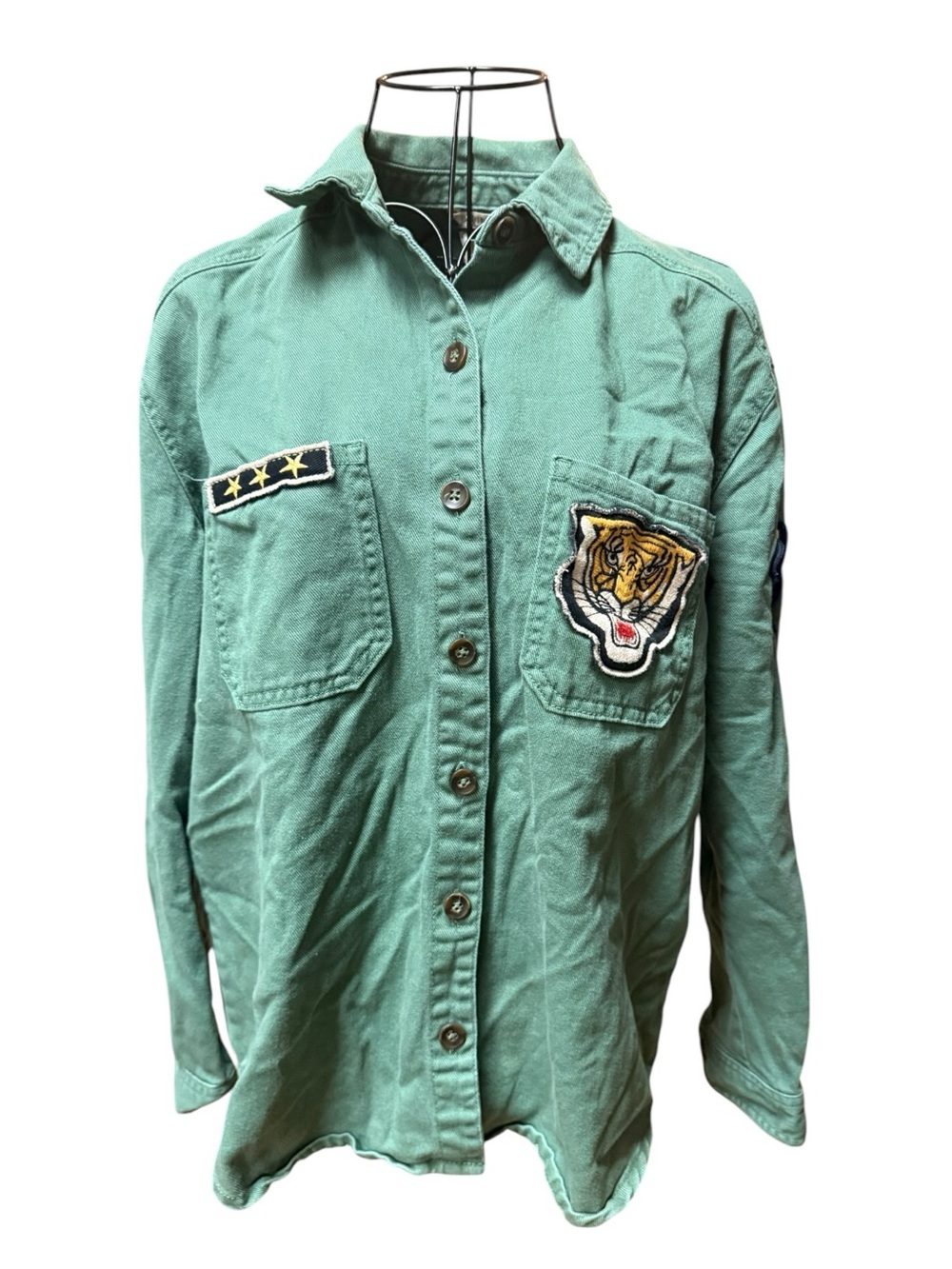 Green 100% Cotton Military Style Shirt Jacket Tiger Anchor Patch Medium